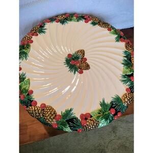 Fitz & Floyd Holiday Pine Pedestal Cake Plate Ceramic Holiday Christmas Retired